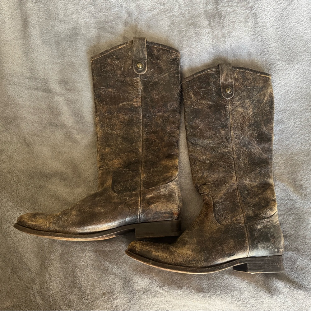 Frye Distressed Dark Brown Leather Tall Heeled Boots